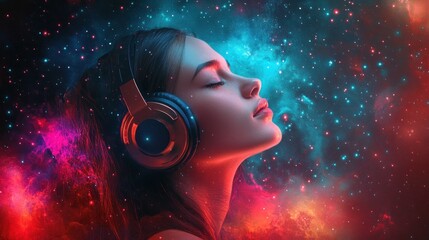 Woman in headphones surrounded by cosmic colors.