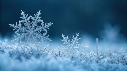 Soft blue light illuminates a field of frosty snowflakes, each one unique and delicate in its own right, soft focus effect, winter wonderland, serene atmosphere
