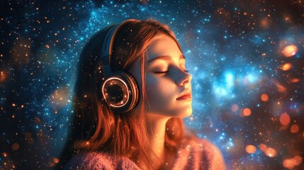 Profile of woman with headphones in a cosmic void