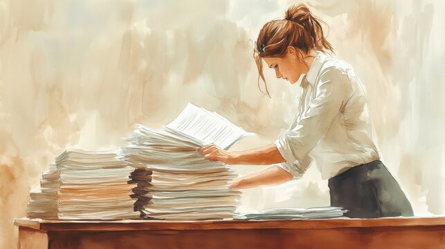 Watercolor Illustration of a Personal Assistant Organizing Stacks of Papers in a Bright Office Setting, Capturing the Hard Work and Dedication of Administrative Professionals