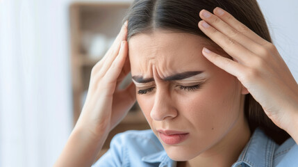 Fototapeta premium Close-Up of Woman Suffering from Headache, Stress or Health-Related Concepts. Migraine and weather change
