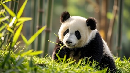 Obraz premium Adorable panda cub eating bamboo in lush green forest.