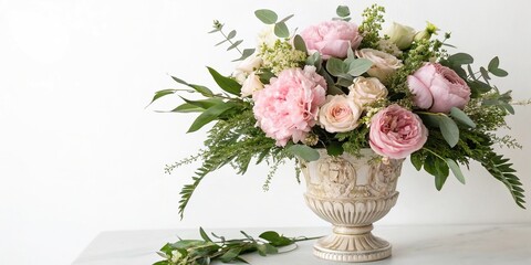 Obraz premium Soft pink peonies and roses bouquet arranged in a decorative vase with lush greenery and foliage on a clean white background, rosesshop, vasefiller