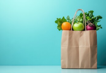 Fresh and Colorful Vegetables and Fruits in Eco-Friendly Paper Bag Against a Soft Blue Background for Sustainable Living and Healthy Lifestyle Images