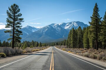 Empty stretch of asphalt road running parallel to a mountain range with a clear blue sky above and pine trees in the foreground, empty highway, scenic beauty