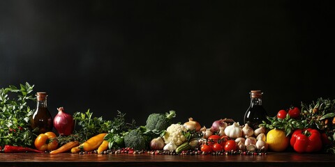 Fresh and Colorful Vegetables and Herbs Arranged on a Rustic Wooden Table with Bottles of Oil Against a Dark Background for Healthy Cooking Inspiration