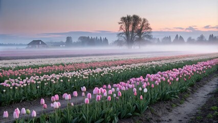 Fototapeta premium Softly falls evening mist over a field of tulips in pastel hues, blossoms, mist, atmosphere, soft, colorful