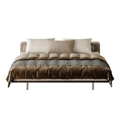 A bed with a brown comforter and white pillows