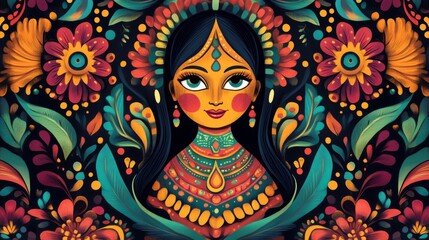 Obraz premium Vibrant Folk Art Portrait of Woman with Floral Design
