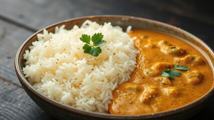 Fragrant basmati rice served in a shallow bowl with a side of creamy dal curry, garnished with fresh cilantro leaves and a sprinkle of toasted cumin seeds, indian cuisine, herbs