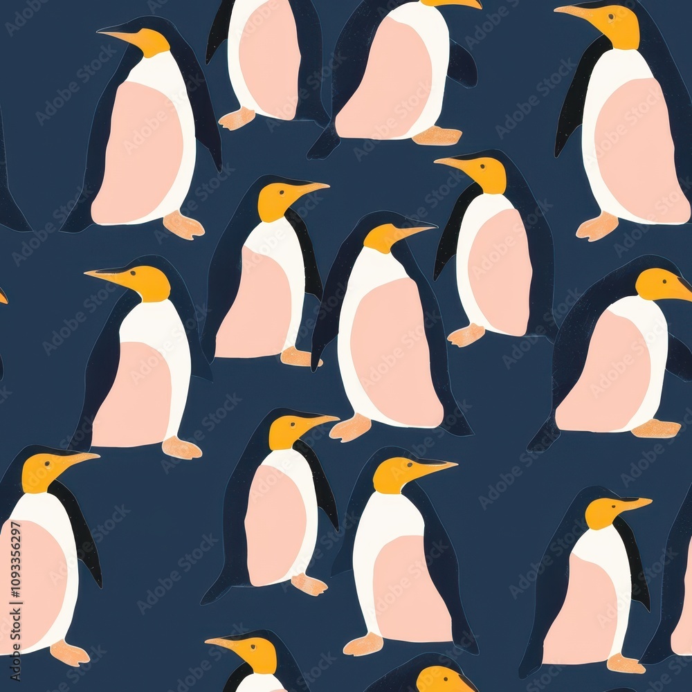 Poster seamless minimal penguin pattern design for fabric use, featuring cute and playful penguins on a dar