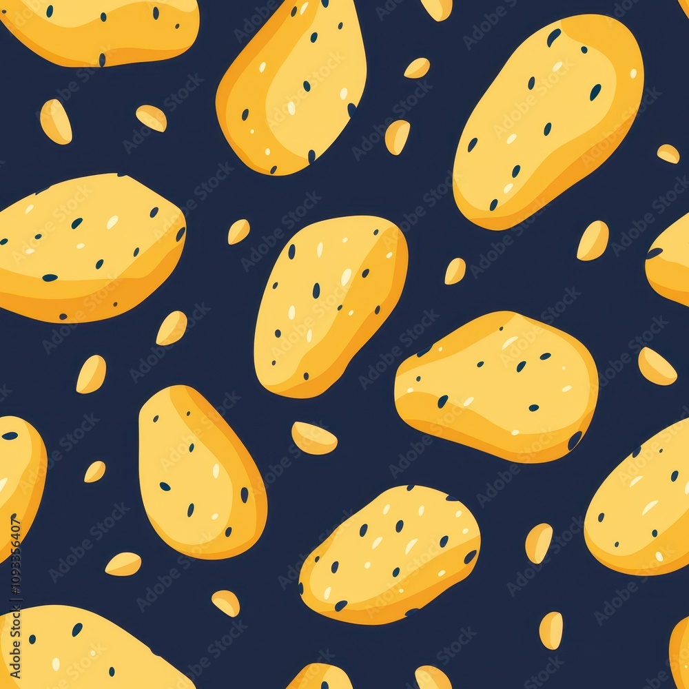 Poster seamless minimal potato pattern for fabric design featuring playful yellow potato shapes on a dark b