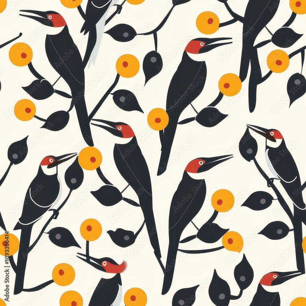 Poster seamless minimal pattern featuring woodpeckers and floral elements ideal for fabric design and texti