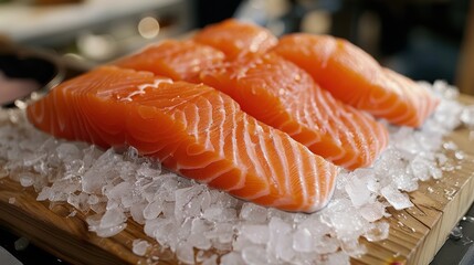 Fresh Red Norwegian Salmon Slabs Glimmering on a Bed of Crushed Ice Perfect for Culinary Dishes and Seafood Delights in a Gourmet Setting
