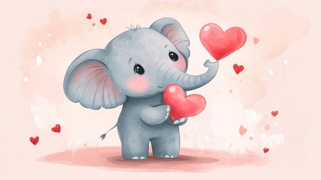 Cute Elephant Holding Hearts - Watercolor Illustration