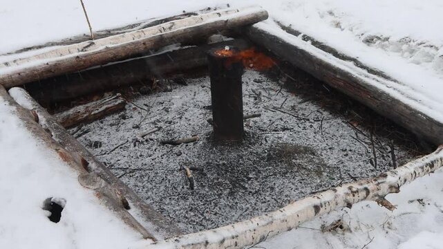 Natural gas burns in pipe. Komi Republic. Gas and oil production. Ukhta is a Russian oil and gas production center. The area belonging to the Gulag of the Soviet Union is a prison camp