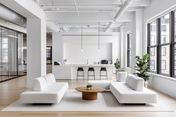 Fototapeta premium Transforming modern office layout urban space interior design open-plan environment minimalist aesthetic