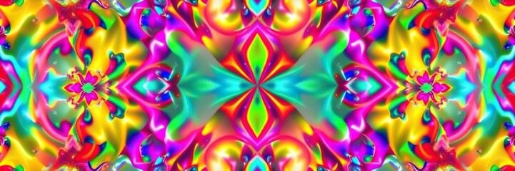 Symmetrical fractals in shimmering rainbow aura, radiant visuals, shimmering lights