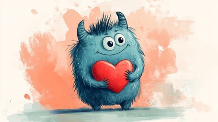 Cute Monster Holding Heart - Adorable Fantasy Illustration