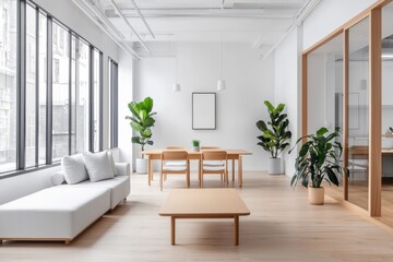 Fototapeta premium Transforming office spaces modern minimalist interior design open plan layout bright environment clean aesthetic concept