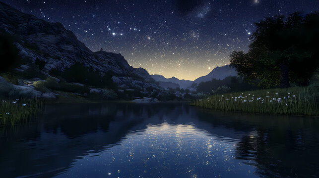 Starry night reflections in a serene river. Starry Cosmos Reflections. Illustration