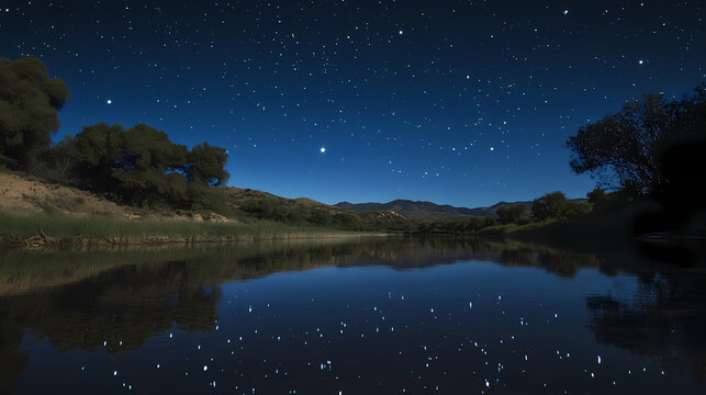 Starry night reflections in a serene river. Starry Cosmos Reflections. Illustration
