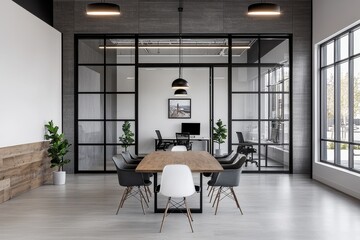 Fototapeta premium Transforming workspaces modern open-plan office urban environment interior design bright lighting contemporary layout