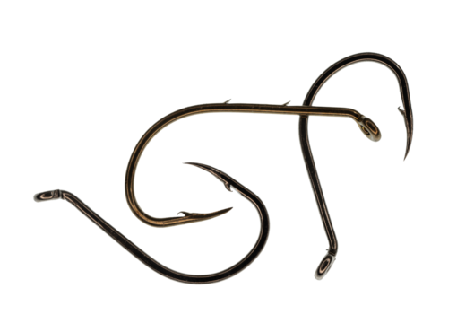 Macro of three new fishing hooks with sharp steel points and barbs on shafts. On a transparent background.
