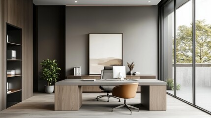 Fototapeta premium Embracing minimalism modern neutral-toned open-plan office interior design