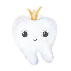 Kawaii tooth with crown. Smile Character tooth. Oral hygiene. Isolated hand drawn watercolor kids illustration. Clipart for promoting pediatric dentistry, Baby cards, scrapbook