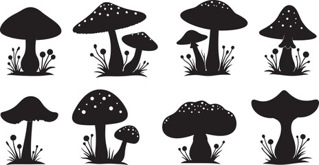 Vector Silhouette Mushroom Vector Set: Black and White Forest Fungi Clipart Illustrations







