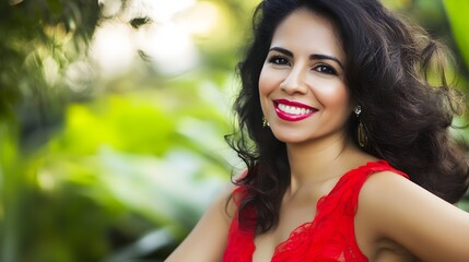 Fototapeta premium Smiling woman in a red dress in a vibrant outdoor setting.