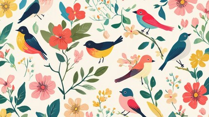 Naklejka premium Colorful Birds and Flowers Pattern - Spring Nature Design