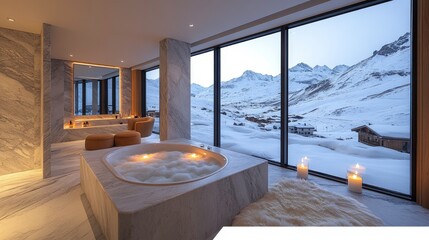 Luxurious spa bathroom with mountain view featuring freestanding tub, candles, and panoramic...