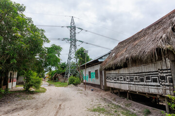 Streets and houses in the Peruvian jungle, in the community of Independencia in Iquitos, Peru.