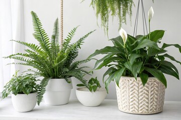 Hanging ferns and peace lily plants in various sizes ceramic pots on a clean white surface, home decor, foliage, plants, beauty, nature