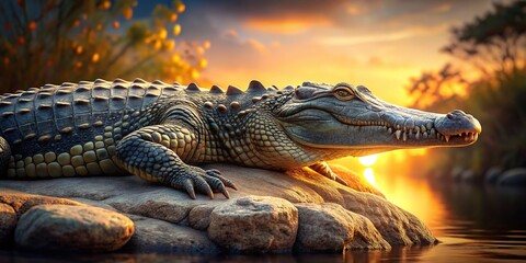Obraz premium Digital art captures a crocodile's repose, textured rock backdrop.