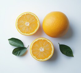 Fresh and Juicy Orange Halves and Whole with Green Leaves on a Clean White Background, Perfect for Food, Health, and Nutrition Themes
