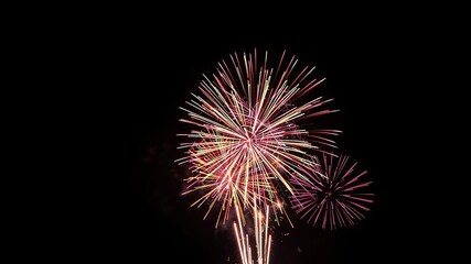 Vibrant colorful explosion of fireworks filling the night sky with a burst of light and sound, bursting sparks, festive atmosphere, vibrant colors