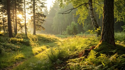 Obraz premium Warm sunlight casting a golden glow on the forest floor amidst lush greenery, forest landscape, forest illumination, golden tones, woodland scenery