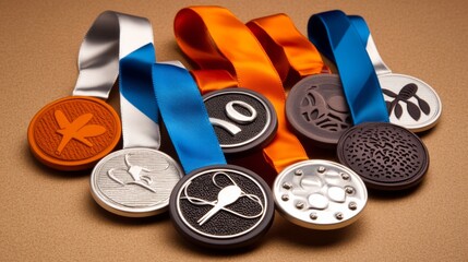 A collection of awarded medals displayed with colorful ribbons at an event celebrating achievements in sports and competitions