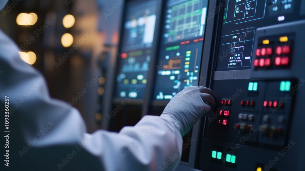 Poster Gloved Hand Interacting with a Control Panel in a Dark Environment