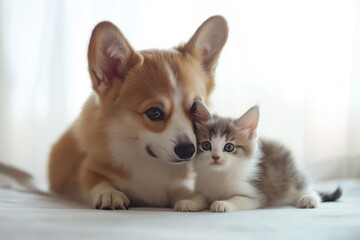 Adorable corgi puppy and fluffy kitten