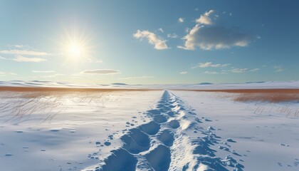 Tranquil snowy field with sunlit pathway and copy space