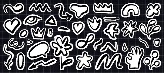 A diverse collection of black and white hand-drawn organic shapes, design elements for presentation and infographics.