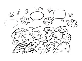 A black and white hand-drawn group of people with speech bubbles above their heads, various strokes and puzzle pieces. The concept of diversity of thought and individuality.