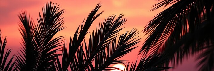 Palm leaves silhouetted against a pink sunset backdrop, peaceful, sunset scene, serene