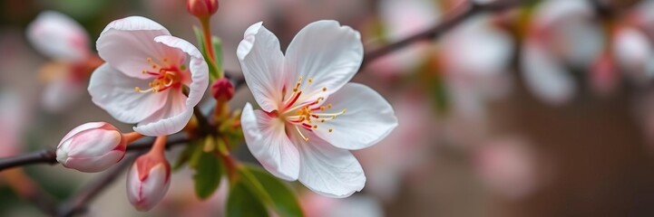 Fototapeta premium Peach blossom with delicate white petals and gentle stem, petals, stem