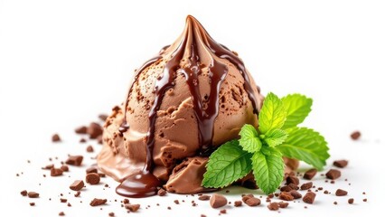 Photorealistic close-up of chocolate mint ice cream scoop isolated on a clean white background, with smooth textures and vibrant green mint accents