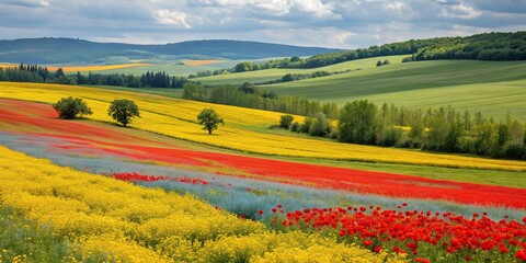 Fototapeta premium Red and yellow hues mingle with a spectrum of blues and greens in a lively painting, blue, vibrant, red, green